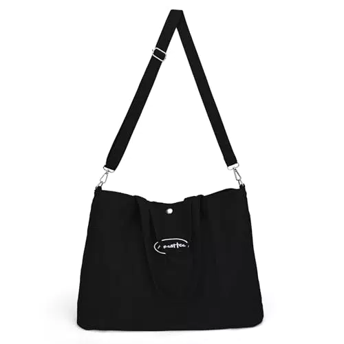 Borsa a Tracolla in Velluto a Coste - Tote Bag Grande - Donna Shopping Bag - Nero