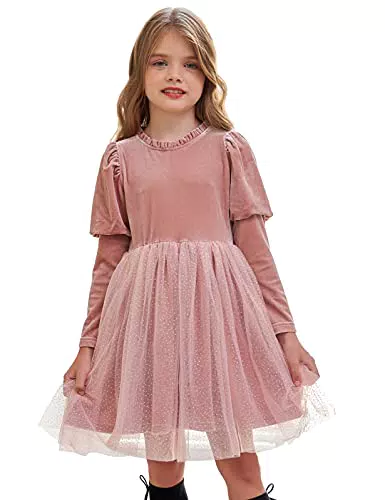 Grace Karin Vestito Ragazzina Manica Lunga Velluto con Rete Mesh - 7 Anni