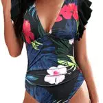 Rayson - Costume da Bagno Intero Donna Scollo a V Volant Controllo Pancia Monokini Push Up - Stile Foglia
