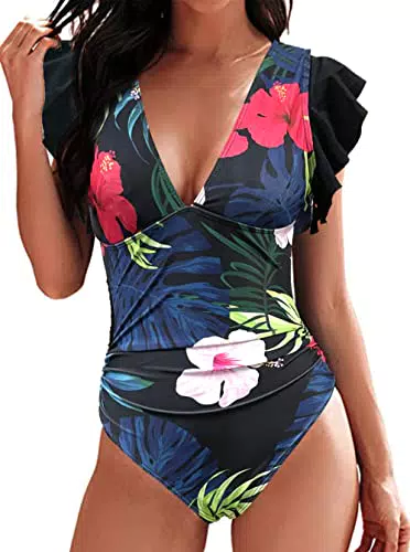 Rayson - Costume da Bagno Intero Donna Scollo a V Volant Controllo Pancia Monokini Push Up - Stile Foglia