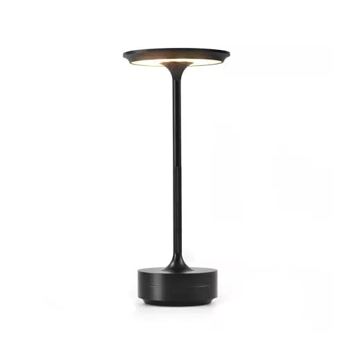 Lampada da tavolo LED ricaricabile con paralume in tessuto.