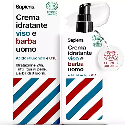 Crema Viso Uomo Sapiens BIO con Acido Ialuronico e Q10 - Antirughe e Dopobarba - Skincare Uomo Francese - 80 ml