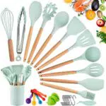 Utensili da Cucina in Silicone e Legno Antiaderenti con Manico in Silicone - Resistente ai Graffi