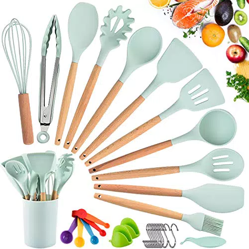 Utensili da Cucina in Silicone e Legno Antiaderenti con Manico in Silicone - Resistente ai Graffi