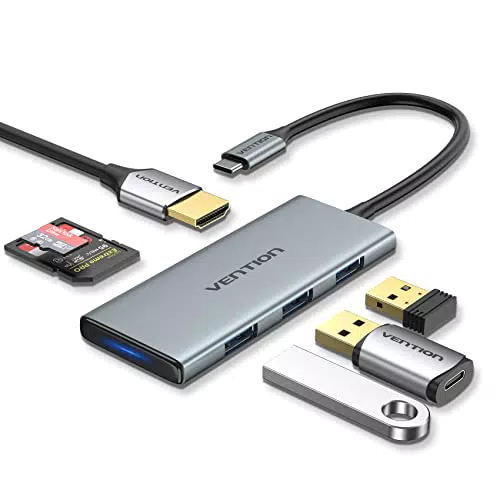 Vention Hub USB C 6-in-1 con HDMI 4K, Lettore schede SD/TF e USB 3.0 - Compatibile con MacBook, iPad Pro, Surface Pro, XPS