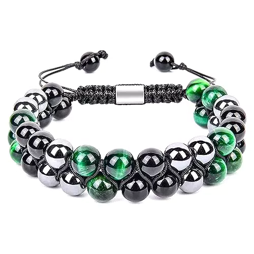 Bracciale Unisex con Ematite, Occhio di Tigre e Perle di Pietra Naturale - Proprietà Guarigione e Prosperità