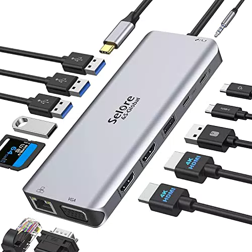 Docking Station USB C doppio HDMI 14 in 1 per laptop: VGA, RJ45, USB 3.0, USB 2.0, PD, SD/TF, Audio - Compatibile con Surface, HP, Lenovo