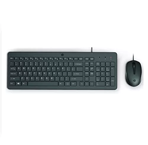 Tastiera e Mouse HP con cavo USB, Indicatore LED Blocco Maiuscole, 12 combinazioni di tasti, Plug and Play, Mouse ottico 1600 dpi, compatibile con Windows 11