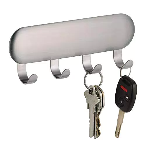 iDesign Ganci portachiavi autoadesivi con 4 ganci, appendi chiavi da parete in acciaio - Argento opaco