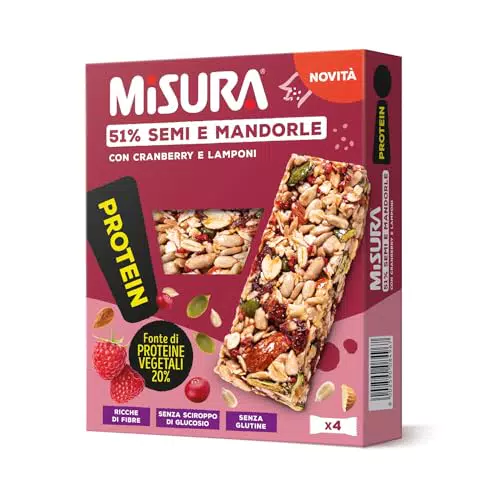 Barretta Misura Protein con Semi, Mandorle, Cranberry e Lamponi - Ricca di Fibre e Proteine Vegetali - Packaging Certificato FSC