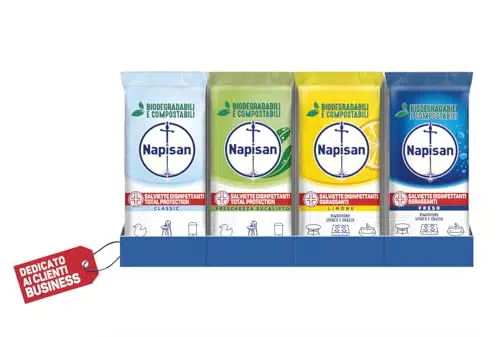 Napisan Salviette Disinfettanti Multisuperfici Biodegradabili Total Protection - Classic, Freschezza Eucalipto, Sgrassanti Limone e Fresh.
