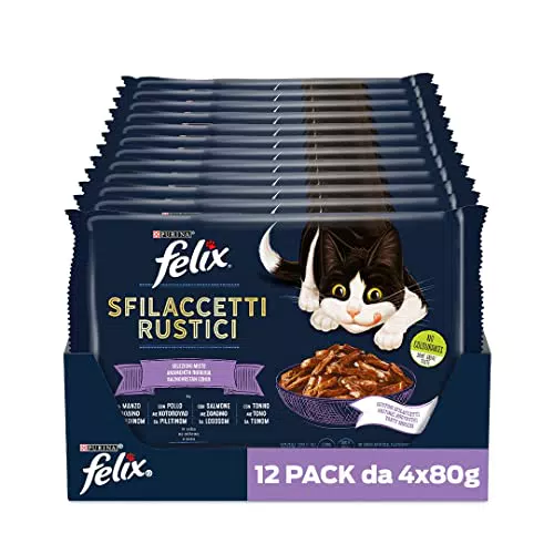 Purina Felix Sfilaccetti Rustici Cibo Umido per Gatti con Manzo, Pollo, Tonno e Salmone