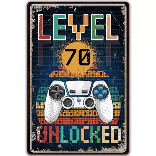 Targa Vintage Metallo Sinekong Level 70 Unlocked - Decorazione Compleanno Uomo per Gamer - Idea Regalo 20x30cm