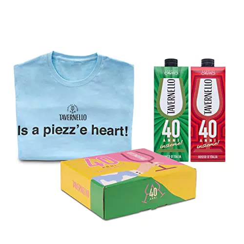Tavernello Merchandising - Cofanetto con Maglietta "Is a piezz' e heart", Vino Rosso e Bianco d'Italia in Brick 1L