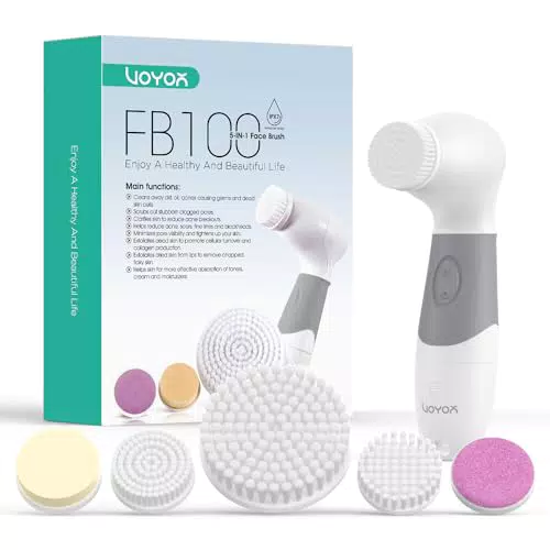 VOYOR Spazzola Pulizia Viso Elettrica 5-in-1 con Funzione Massaggio - Riduce Pori e Punti Neri - Adatta a Tutti i Tipi di Pelle