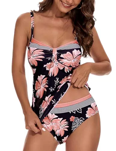 Aottori Tankini Donna Mare Costume da Bagno Due Pezzi Push Up Set Swimwear Curvy Beachwear Scollo a V - Stampa a Righe
