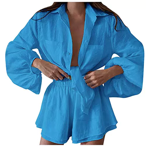 Tuta Donna Haolei Camicia Maniche Lunghe Pantaloncini Lino Completo Casual Set 2 Pezzi Leggera Abbigliamento Sportivo Offerte