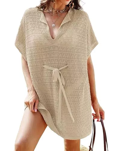 JASAMBAC Vestito da spiaggia donna taglie forti con cintura e lavorazione all'uncinetto