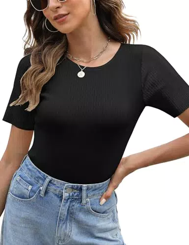 Lonya - Maglietta Donna Manica Corta Estiva Elegante a Coste Girocollo Slim