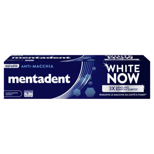 Dentifricio Mentadent White Now Sbiancante con Tecnologia White-Correct e White-Infinity, Azione Anti-macchia - 75ml