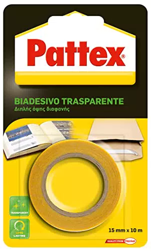 Pattex Biadesivo Trasparente Universale - Adesione Eccellente su Diverse Superfici - 15mmx10m