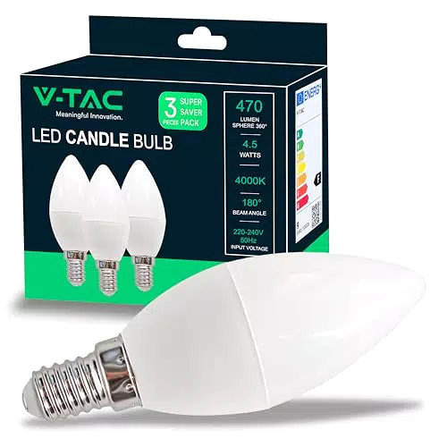 V-TAC Lampadina LED a Candela E14, 4,5W (Equivalente a 45W), 470 Lumen, Luce Bianca Naturale