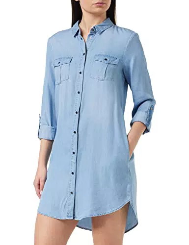 Vero Moda Camicione in Tessuto Morbido con Tasche Laterali e Bottoni Clip - Blu Denim
