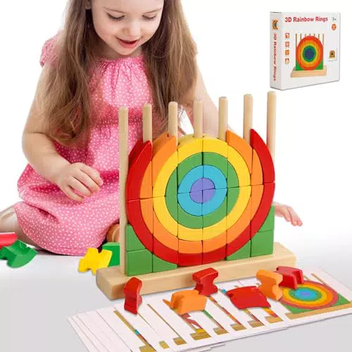 VORHOT Anelli Arcobaleno Puzzle in Legno - Giochi Educativi Montessori per Bambini
