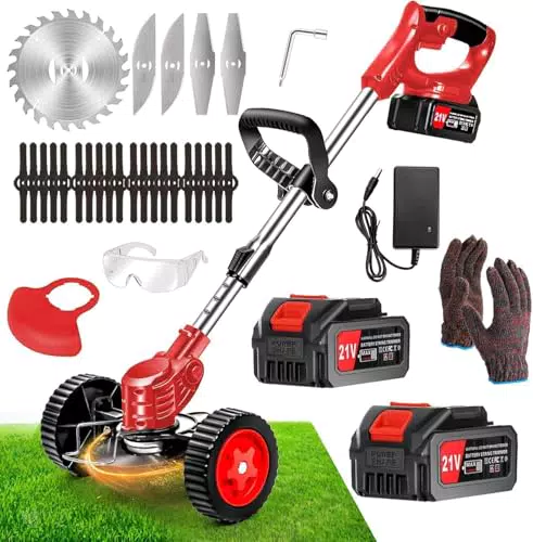 Decespugliatore a Batteria 21V con Lame e Ruote Rimovibili per Giardino