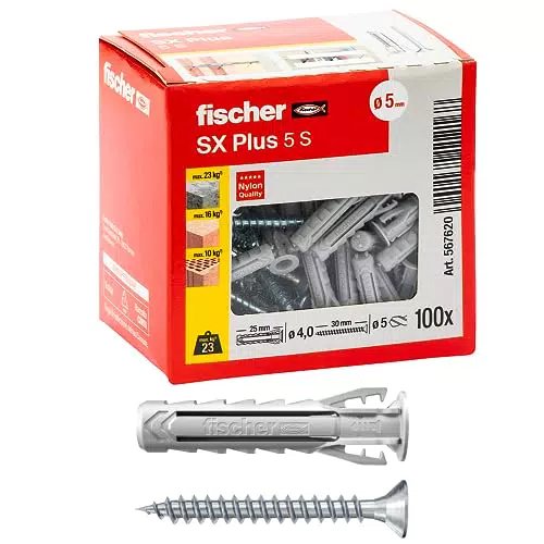 Fischer Tasselli SX Plus con Vite 5x25 mm per Fissaggio su Muro e Calcestruzzo