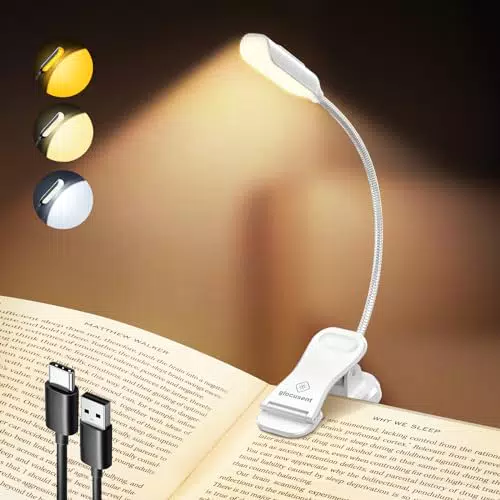 Glocusent Luce da Lettura Ricaricabile per Libri, 3 Luminosità, 80 Ore di Autonomia