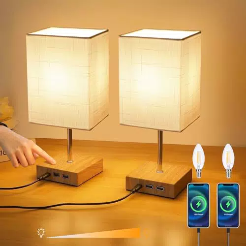 Lightess Lampada da Comodino Touch Dimmerabile con Porte di Ricarica USB