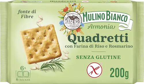 Mulino Bianco Quadretti Cracker Senza Glutine al Riso e Rosmarino, Fonte di Fibra