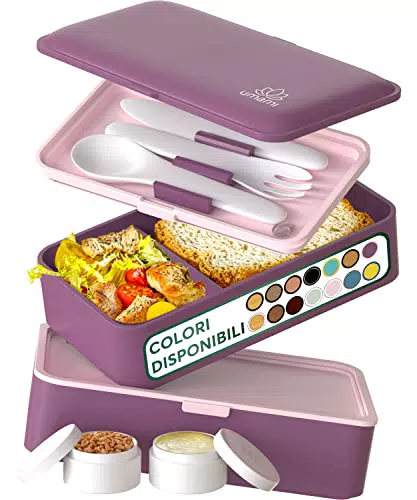 Umami Lunch Box Ermetico con Scomparti e Posate, Sicuro per Microonde e Lavastoviglie