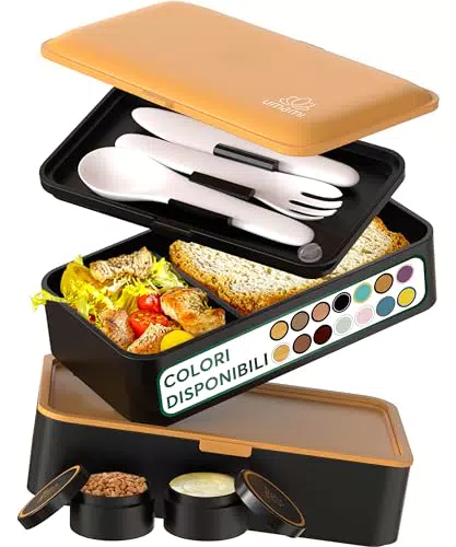 Umami Lunch Box Ermetico con Scomparti e Posate, Sicuro per Microonde e Lavastoviglie