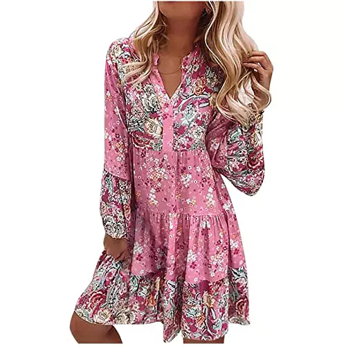 Abito Donna Elegante Floreale Casual Boho Manica Lunga - Abito da Sera e Festa