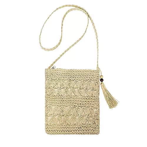 Borsa Paglia Tracolla Bohemien con Nappe e Cerniera per Uso Quotidiano
