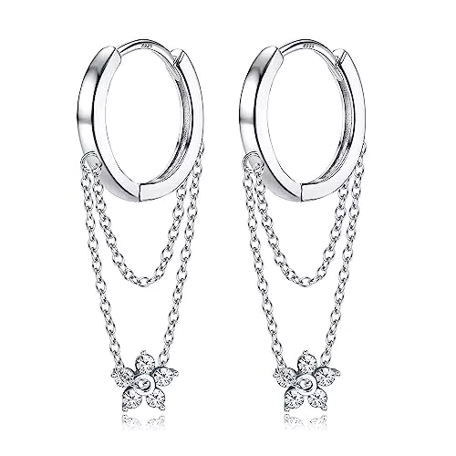 JeweBella Orecchini Pendenti Donna in Argento 925 a Forma di Cuore e Fiore