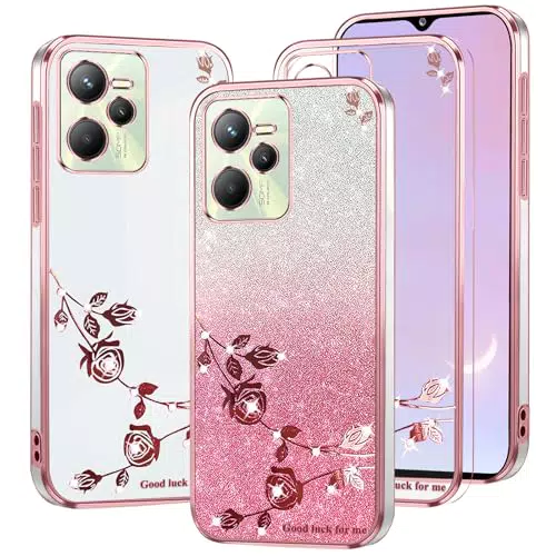 Kainevy Custodia Trasparente Glitter per Realme C35, Floreale e Slim 2 in 1