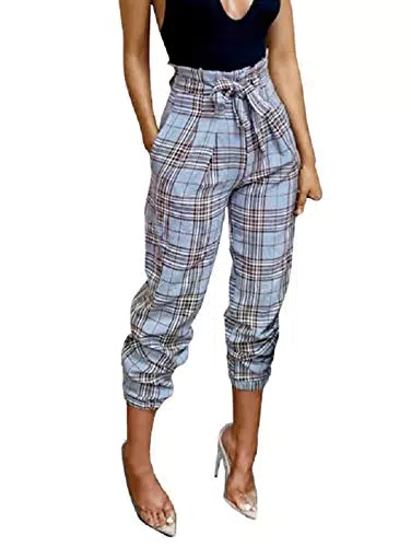 Pantaloni Scozzesi Donna Casual Eleganti Vita Alta Larghi Harem Pinocchietto