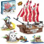 QLT Set di mattoncini da costruzione 3 in 1: nave pirata, casa dell'albero, isola del cranio