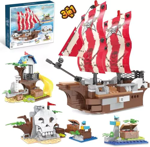 QLT Set di mattoncini da costruzione 3 in 1: nave pirata, casa dell'albero, isola del cranio