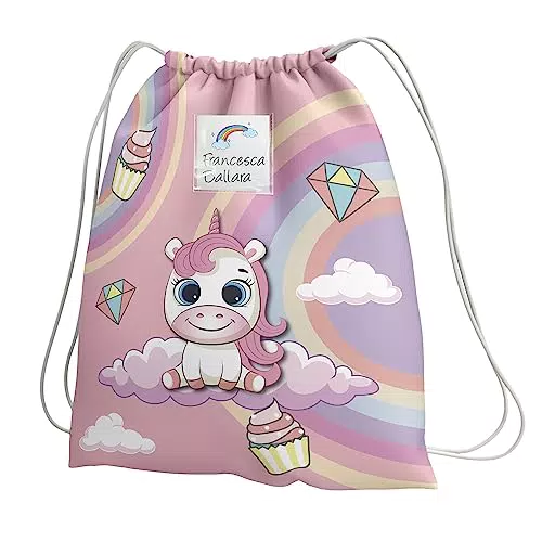 Sacca Asilo Personalizzata Unicorno - Zainetto per Bambini con Tasca Interna