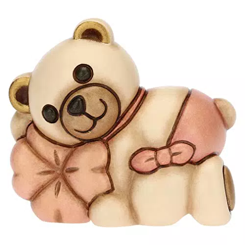 THUN Bomboniera Nascita e Battesimo con Teddy e Quadrifoglio in Ceramica Decorata
