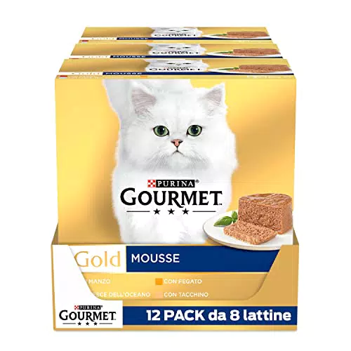 Purina Gourmet Gold Mousse per Gatti con Pesce, Fegato, Tacchino e Manzo