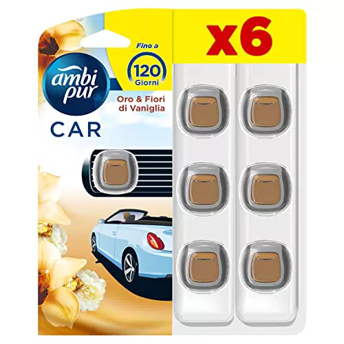 Ambi Pur Profumatore Auto, 6 Deodoranti Auto, Fragranza Oro e Fiori di Vaniglia