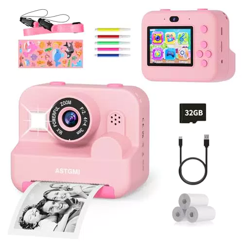 ASTGMI Macchina Fotografica Istantanea per Bambini 1080P con Carta da Stampa
