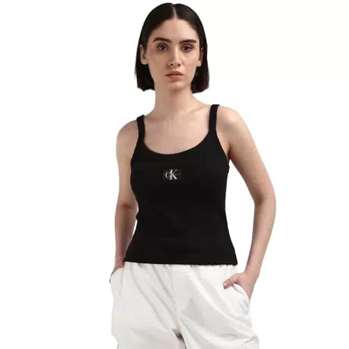 Calvin Klein Jeans Canotta Woven Label Rib Scollo a U per Donna