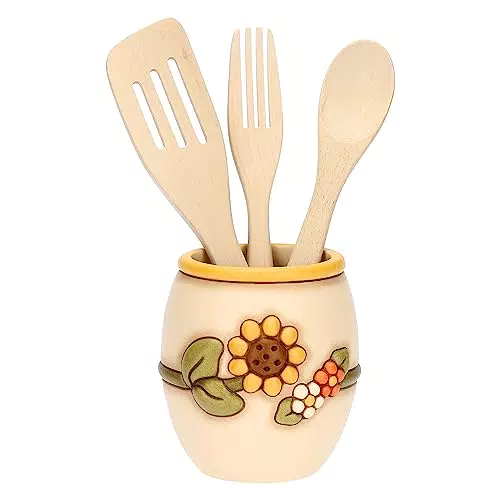 THUN Portamestolo in Ceramica Decorata a Mano e Mestoli in Legno, Linea Country