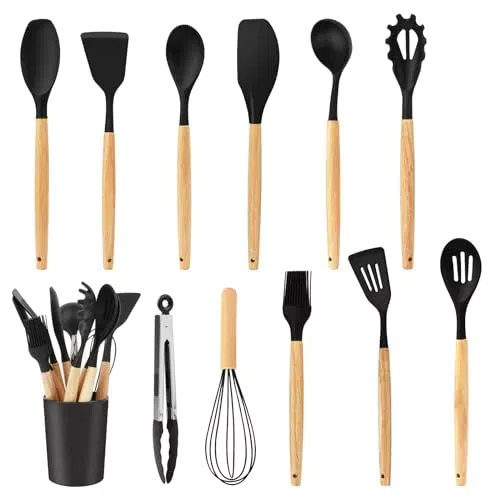 RISVOWO Set Utensili da Cucina in Silicone Resistente al Calore con Manico in Legno